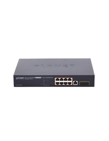 Switch Administrable Capa 2, 8 Puertos PoE 802.3af/at Gigabit, 140 W Max, 2 Puertos SFP, Modo Extendido Hasta 250 m, Soporta