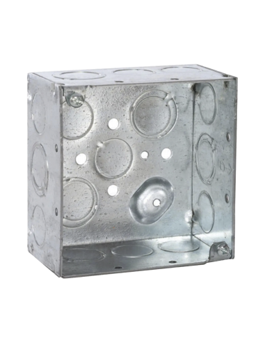 Caja Cuadrada Galvanizada de 4" x 4", profundidad de 2 1/8". Cuenta con 10 KO de 1/2" y 6 TKO (1/2" - 3/4"))