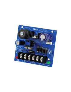 6 o 12 o 24 Vcc @ 2.5 A / fuente tipo tarjeta / 1 salida / requiere transformador de entrada / capacidad de baterías / baterías no incluidas.