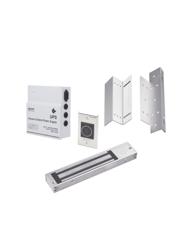 Kit para control de acceso incluye Fuente de 12VCD con respaldo de batería/ Chapa magnética de 600Lbs / Montajes L y Z / Botó