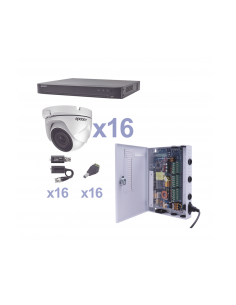 KIT TurboHD 1080p / DVR 16 Canales / 16 Cámaras Eyeball (exterior 2.8 mm) / Transceptores / Conectores / Fuente de Poder Prof